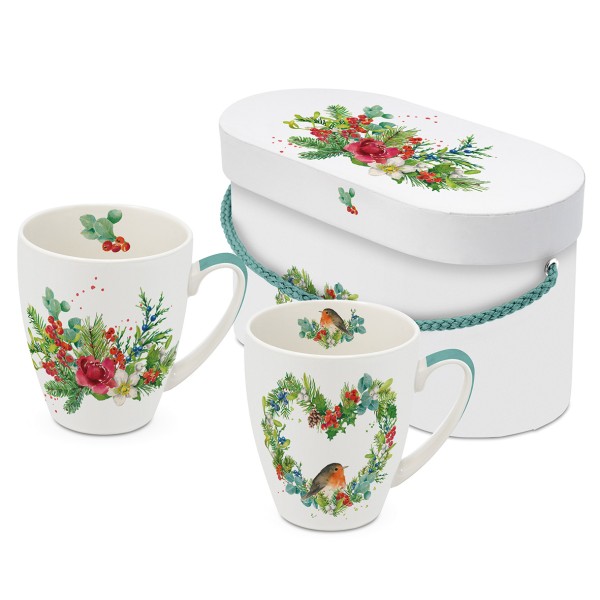 Robin Heart & Flora Christmas Tassen Henkelbecher 2er-Set in Geschenkbox 350ml New Bone China